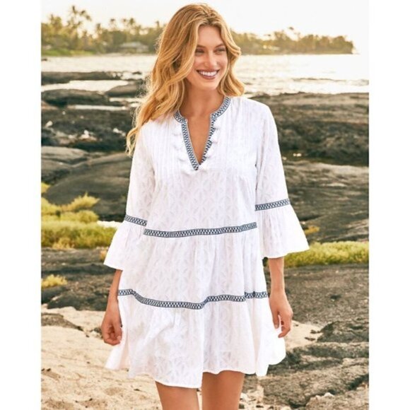 TOMMY BAHAMA Embroidered Tiered Cotton Cover-Up Dress in White Size X-Small - Picture 5 of 11